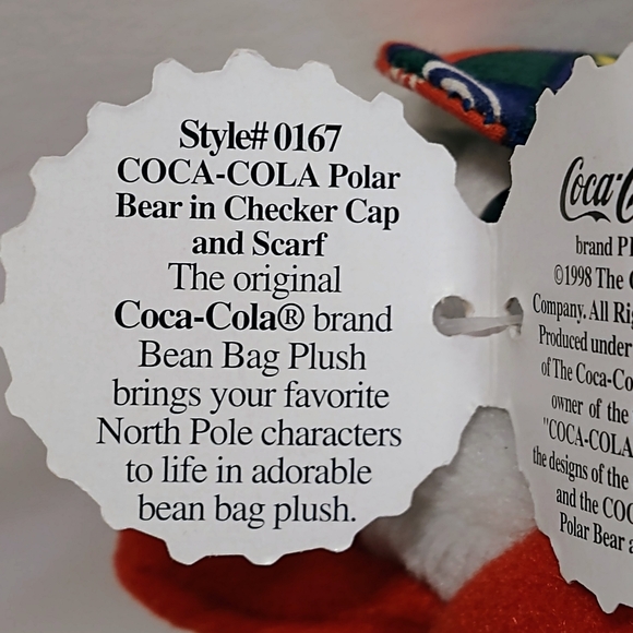 1998 Collectible Coca Cola Bean Bag Plush Polar Bear Checker Cap & Scarf 6". - Picture 8 of 14